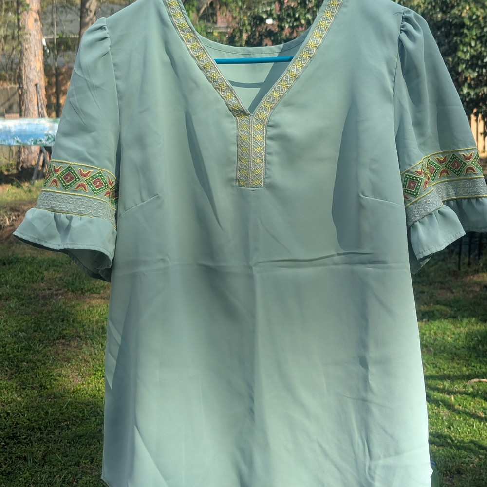 SHEIN Mint Green Embroidered V-Neck Blouse